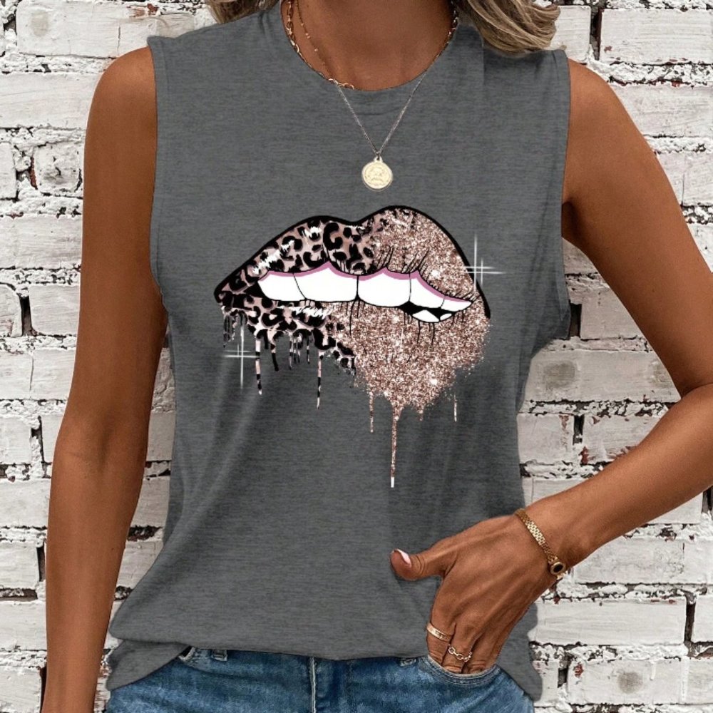 Leopard & Lip Print Tank Top - M